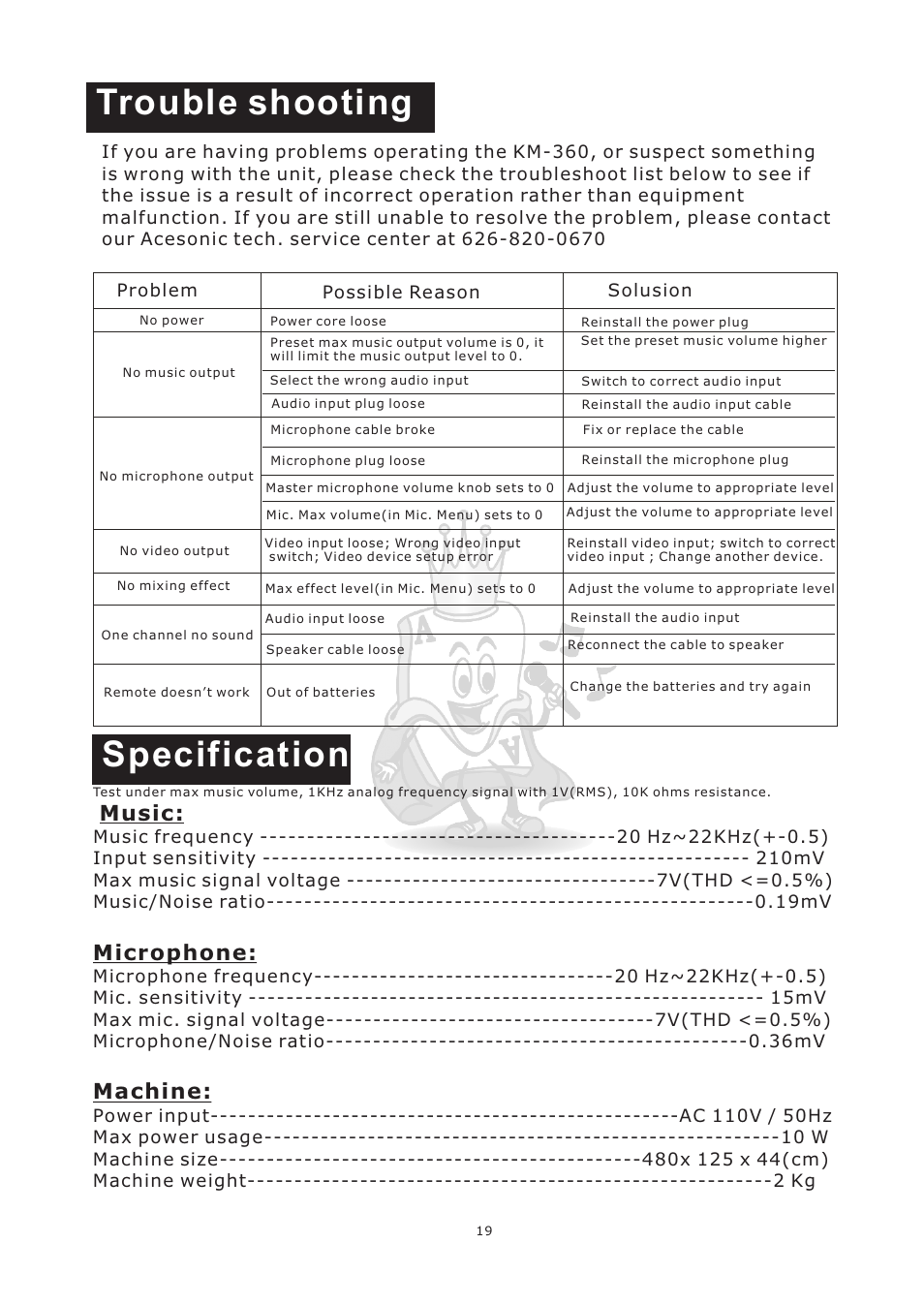 Trouble shooting, Specification, Music | Microphone, Machine | Acesonic KM-360 User Manual | Page 22 / 22