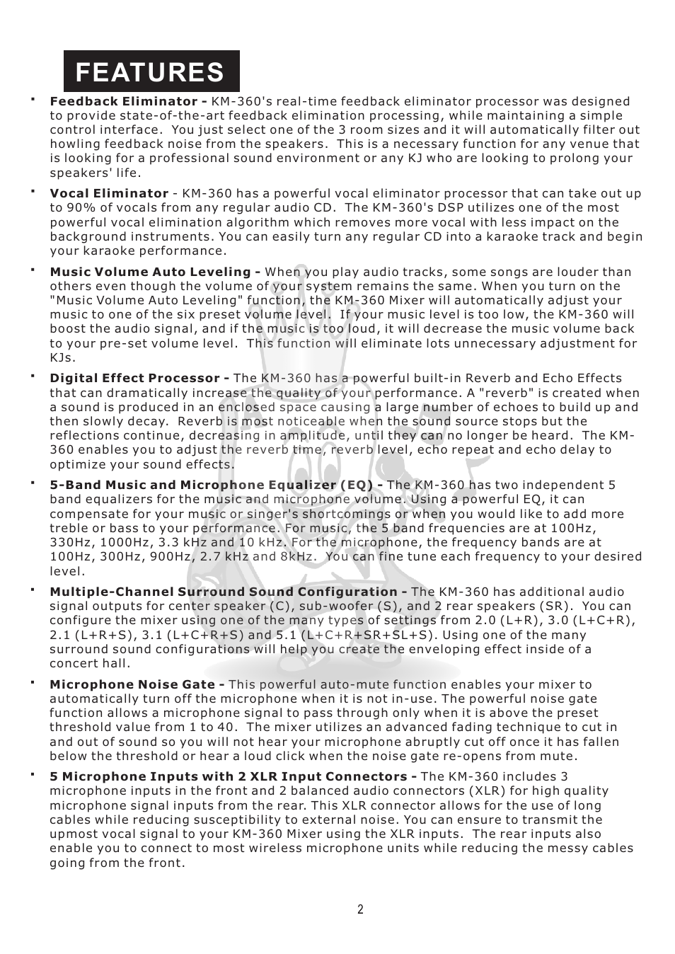 Features | Acesonic KM-360 User Manual | Page 5 / 22