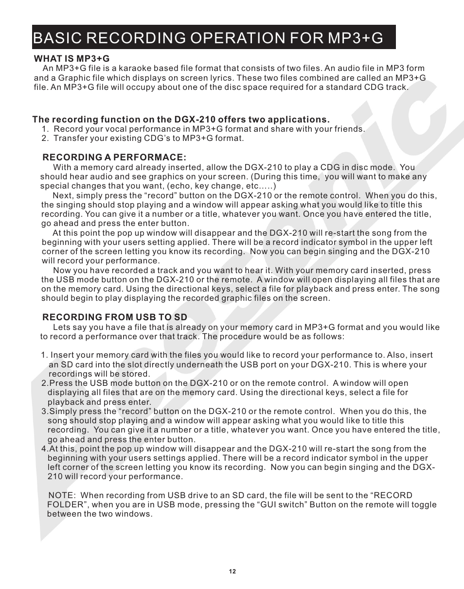 Basic recording operation for mp3+g | Acesonic MULTI-FUNCTION KARAOKE PLAYER DGX-210 User Manual | Page 15 / 22