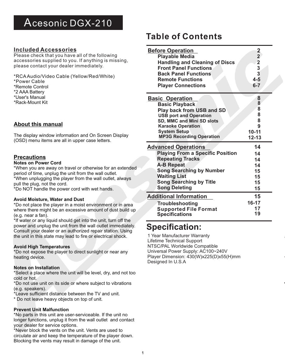 Acesonic MULTI-FUNCTION KARAOKE PLAYER DGX-210 User Manual | Page 4 / 22