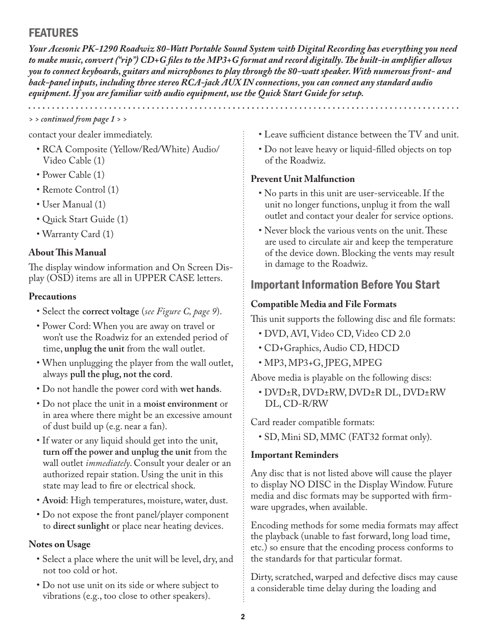 Features, Important information before you start | Acesonic ROADWIZ PK-1290 User Manual | Page 2 / 20