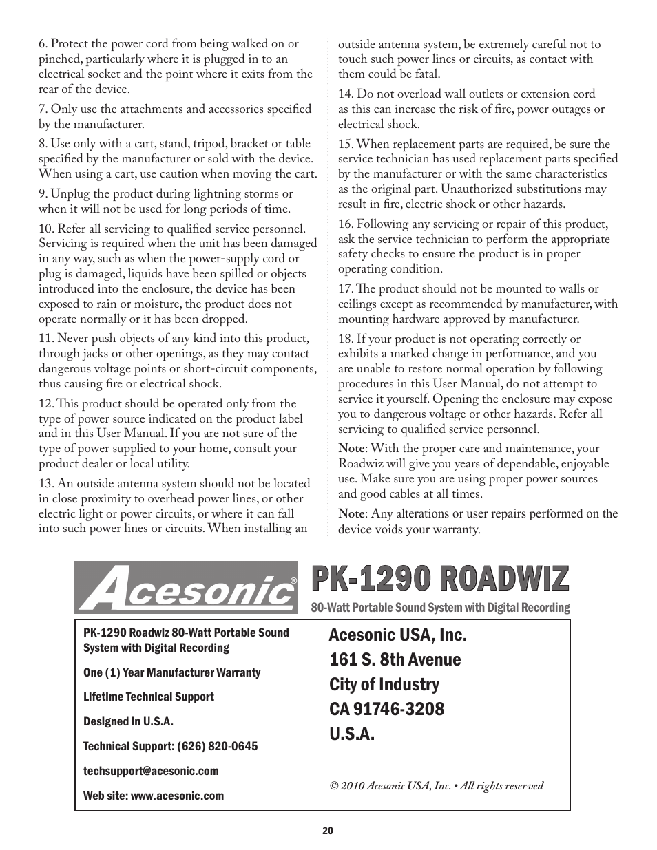 Pk-1290 roadwiz | Acesonic ROADWIZ PK-1290 User Manual | Page 20 / 20