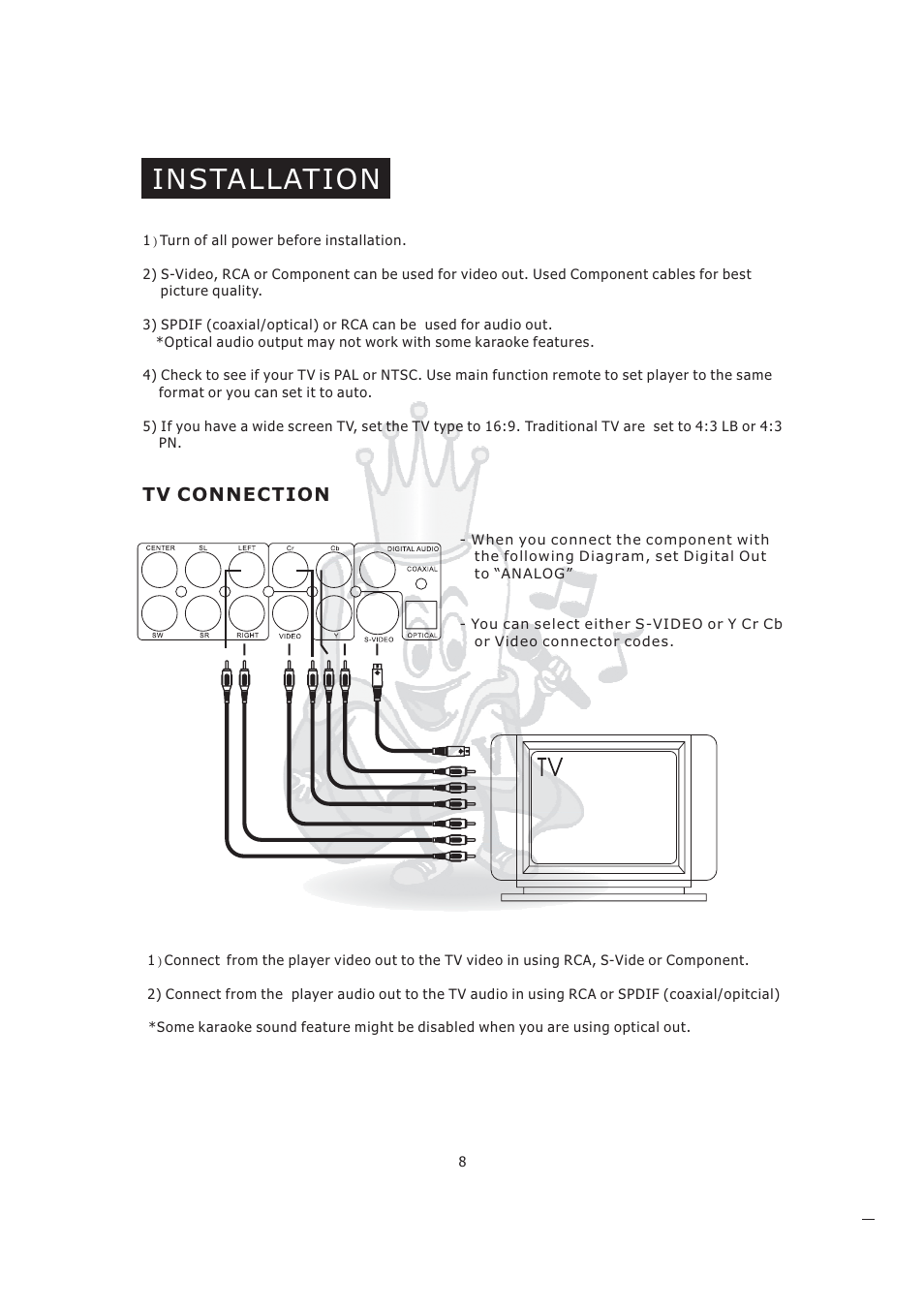 Installation, Tv connection | Acesonic KOD-800 User Manual | Page 10 / 32