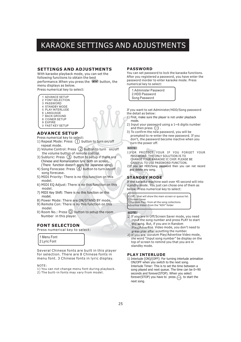 Karaoke settings and adjustments, Settings and adjustments, Advance setup font selection | Acesonic KOD-800 User Manual | Page 27 / 32