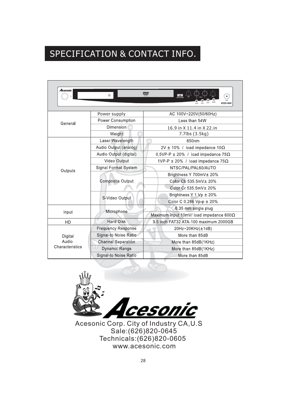 Specification & contact info | Acesonic KOD-800 User Manual | Page 30 / 32