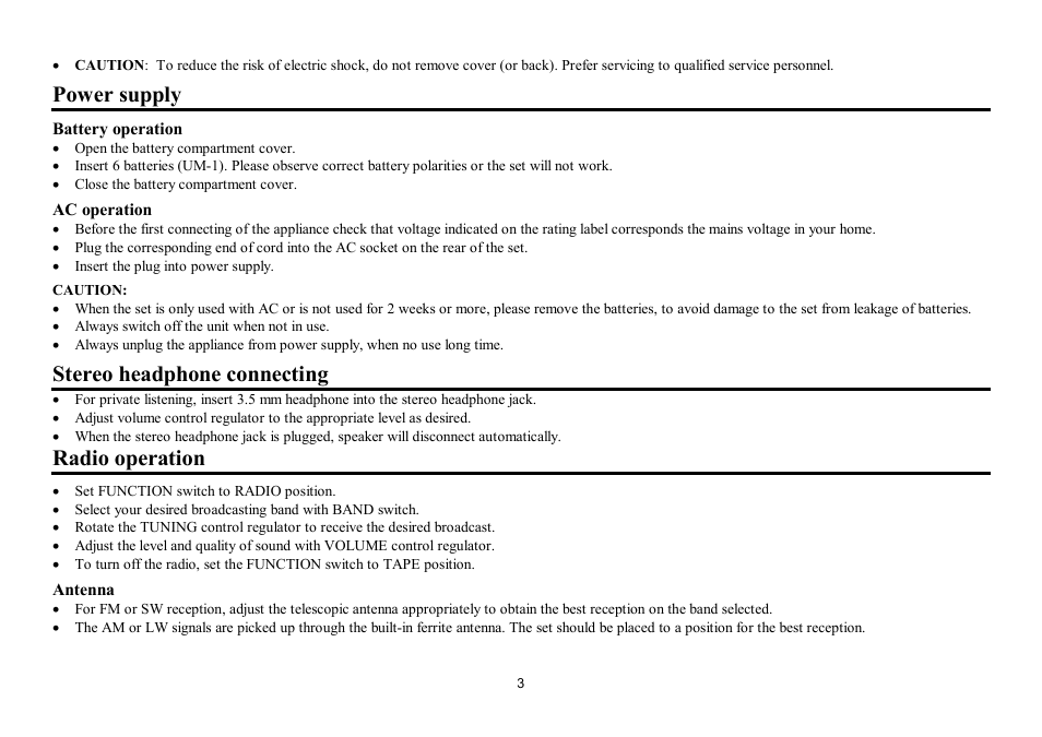 Power supply, Stereo headphone connecting, Radio operation | Hyundai H-1202 User Manual | Page 3 / 10