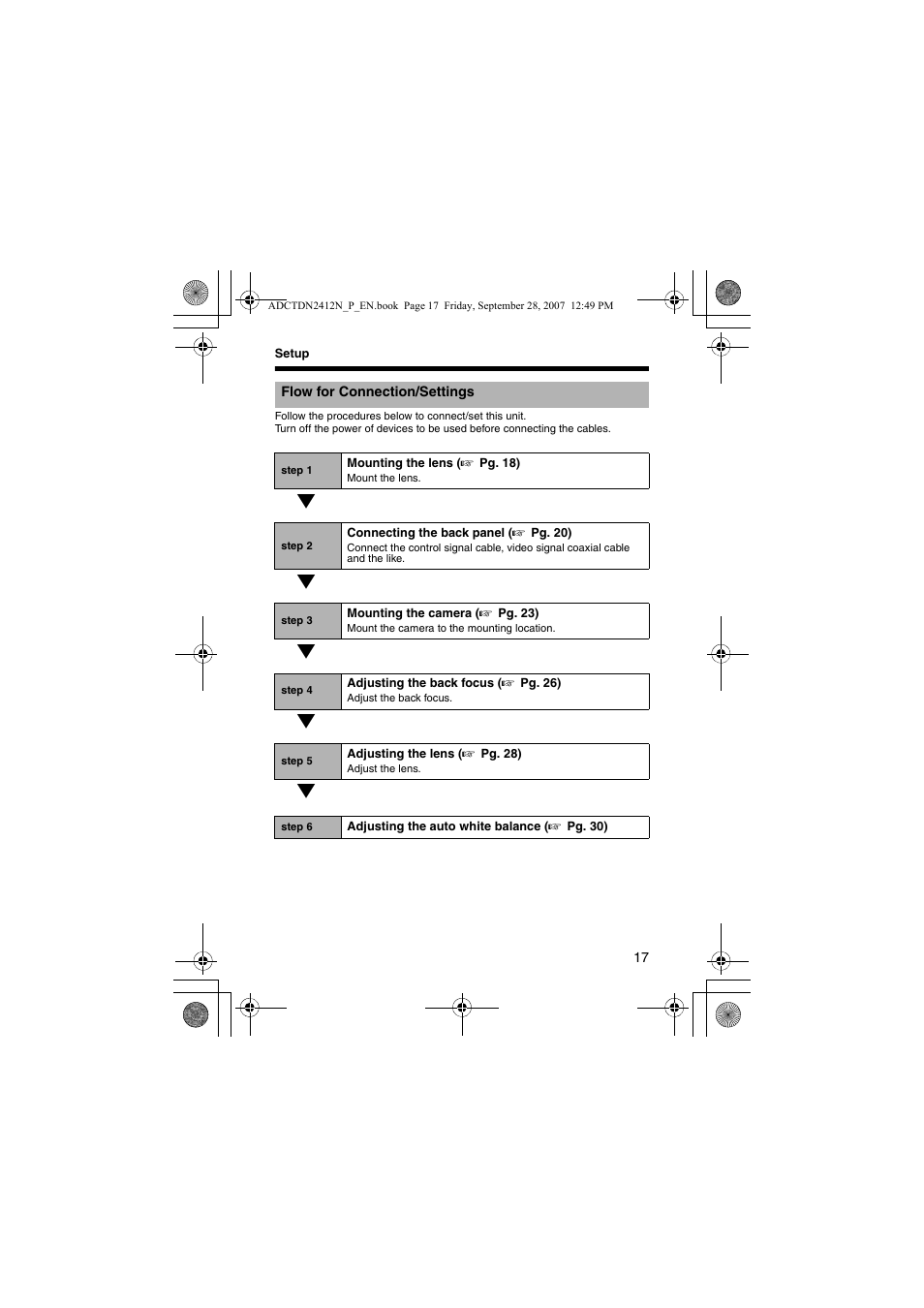 Setup, Flow for connection/settings | American Dynamics ADCTDN0230P User Manual | Page 17 / 60