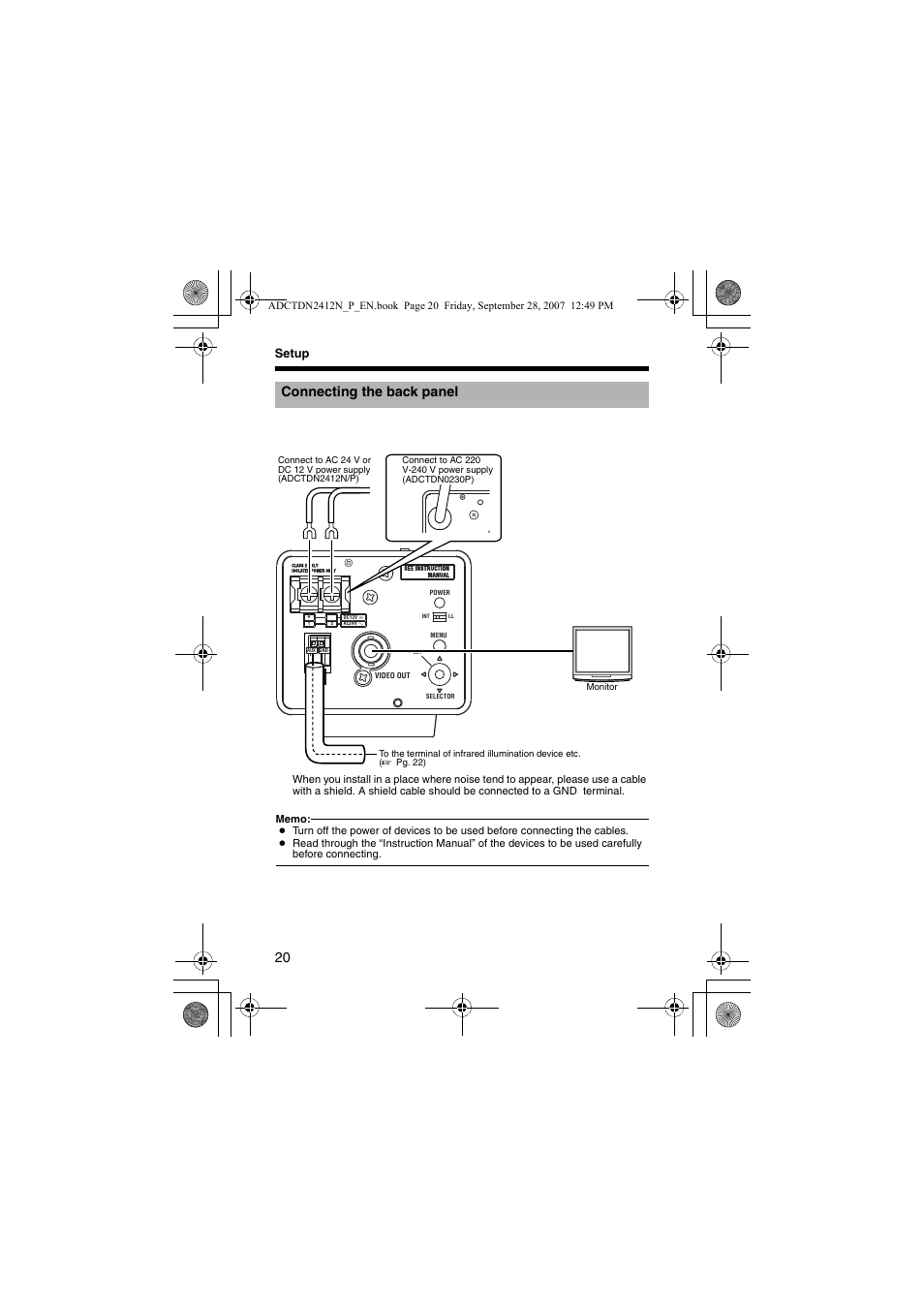 Connecting the back panel, A pg. 20), Setup | American Dynamics ADCTDN0230P User Manual | Page 20 / 60