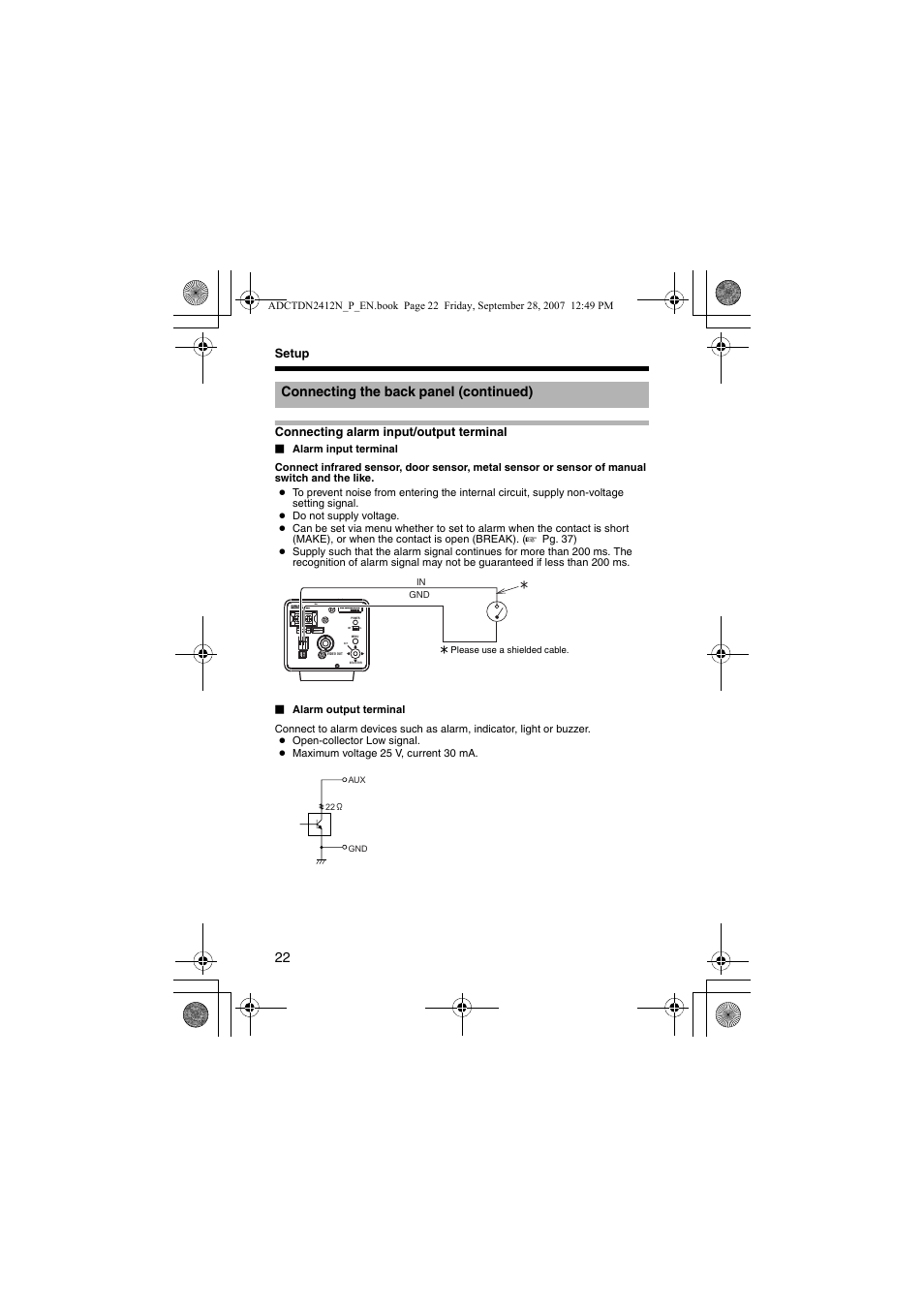Connecting the back panel (continued), Class 2 only isolated power only, Setup connecting alarm input/output terminal | American Dynamics ADCTDN0230P User Manual | Page 22 / 60