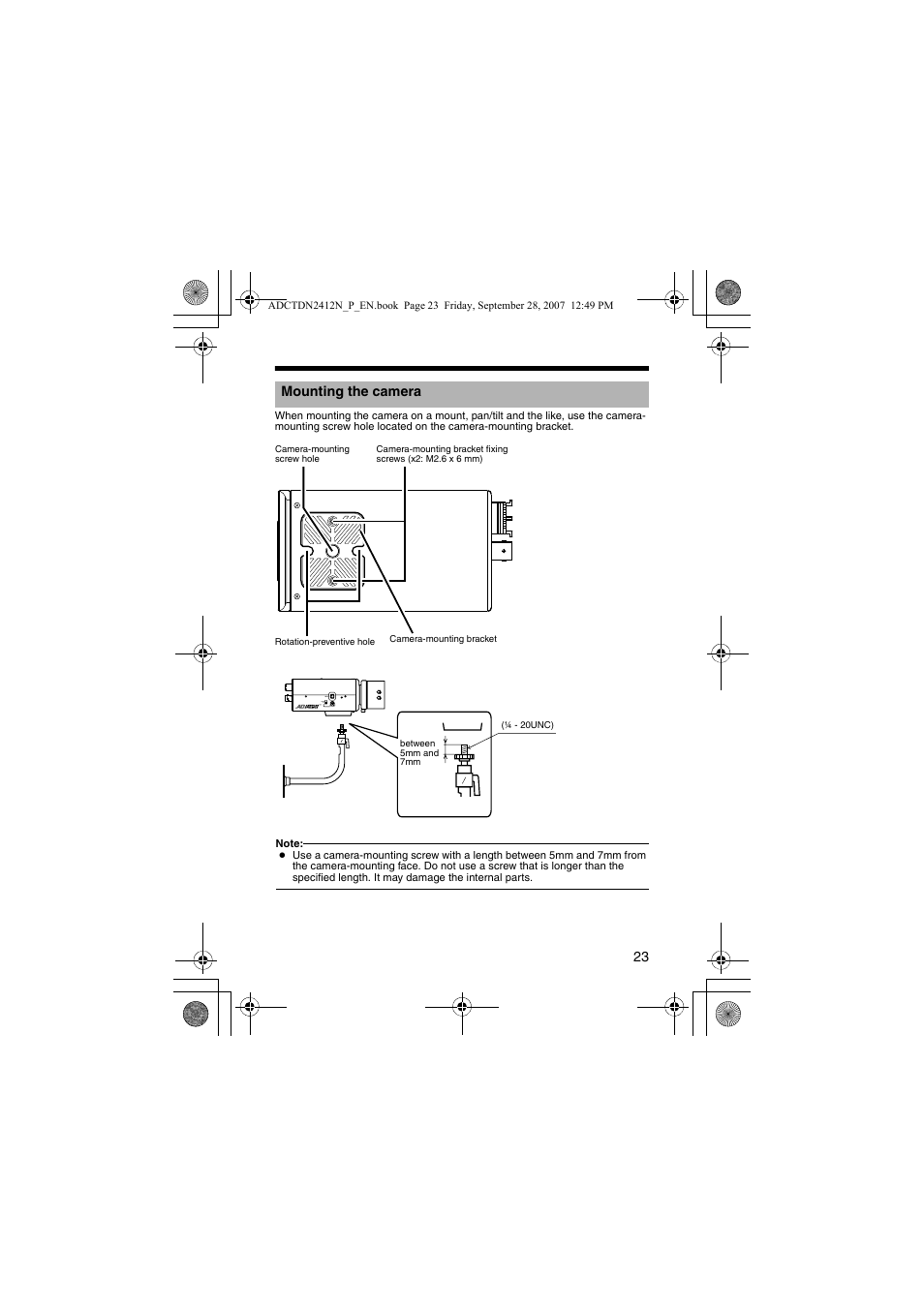 Mounting the camera, Han 7 mm, A pg. 23) | American Dynamics ADCTDN0230P User Manual | Page 23 / 60
