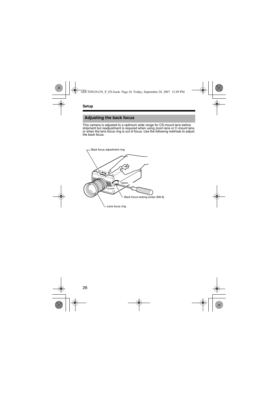 Adjusting the back focus, A pg. 26) | American Dynamics ADCTDN0230P User Manual | Page 26 / 60