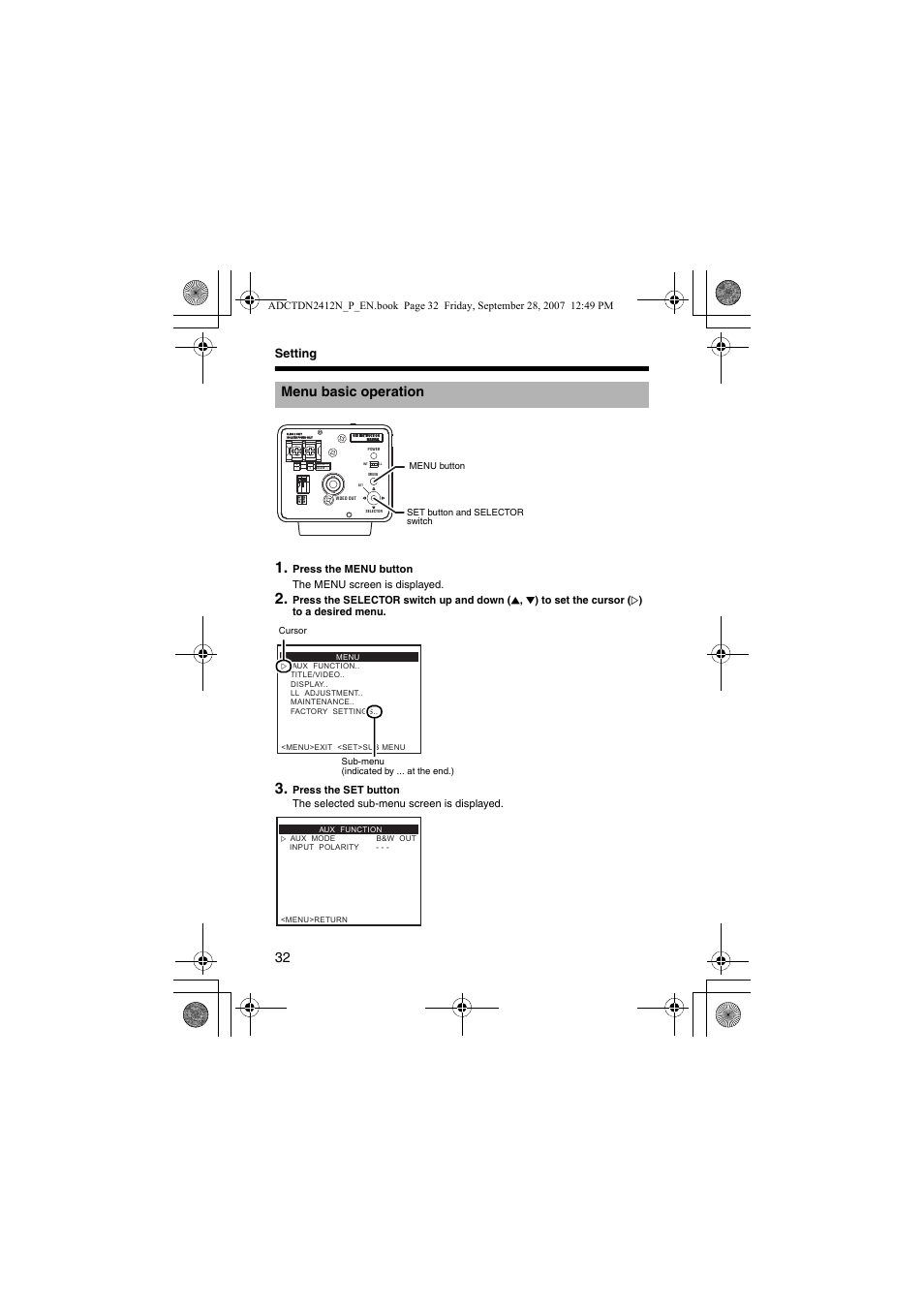 Setting, Menu basic operation, A pg. 32) | American Dynamics ADCTDN0230P User Manual | Page 32 / 60