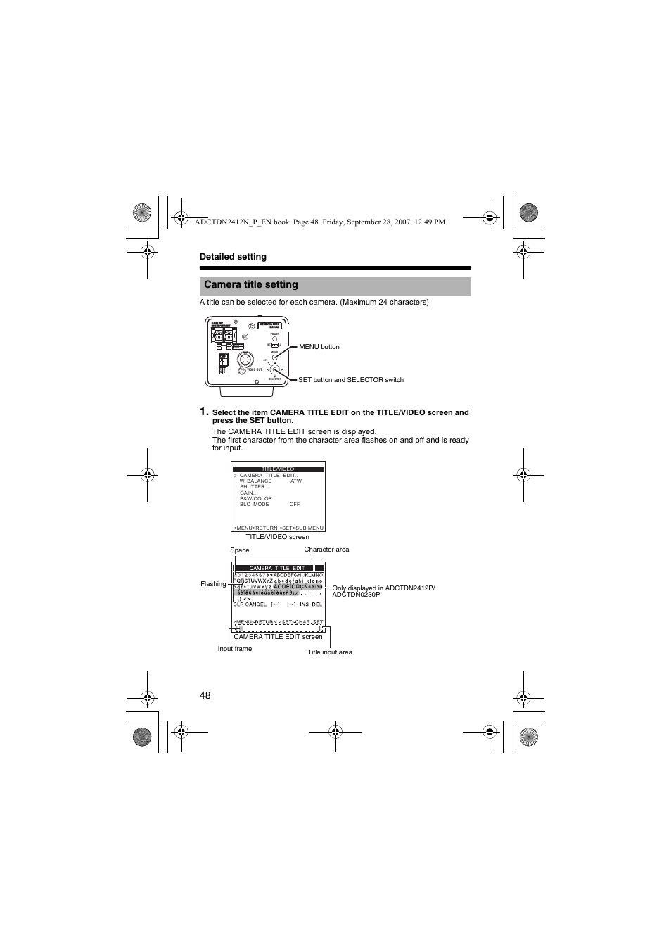 Detailed setting, Camera title setting | American Dynamics ADCTDN0230P User Manual | Page 48 / 60