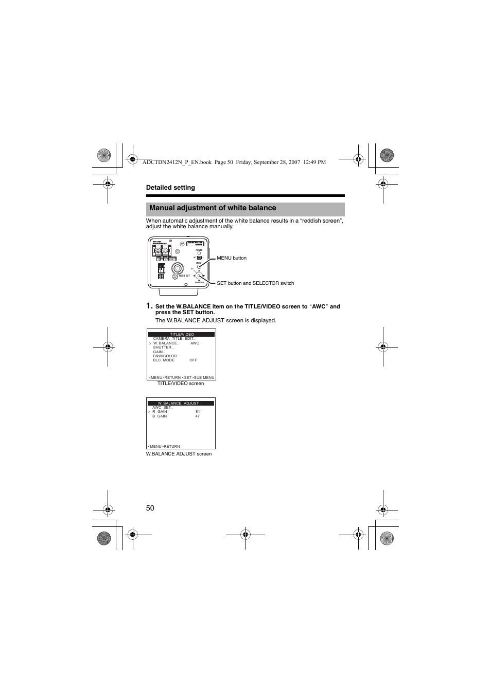 Manual adjustment of white balance, Detailed setting | American Dynamics ADCTDN0230P User Manual | Page 50 / 60