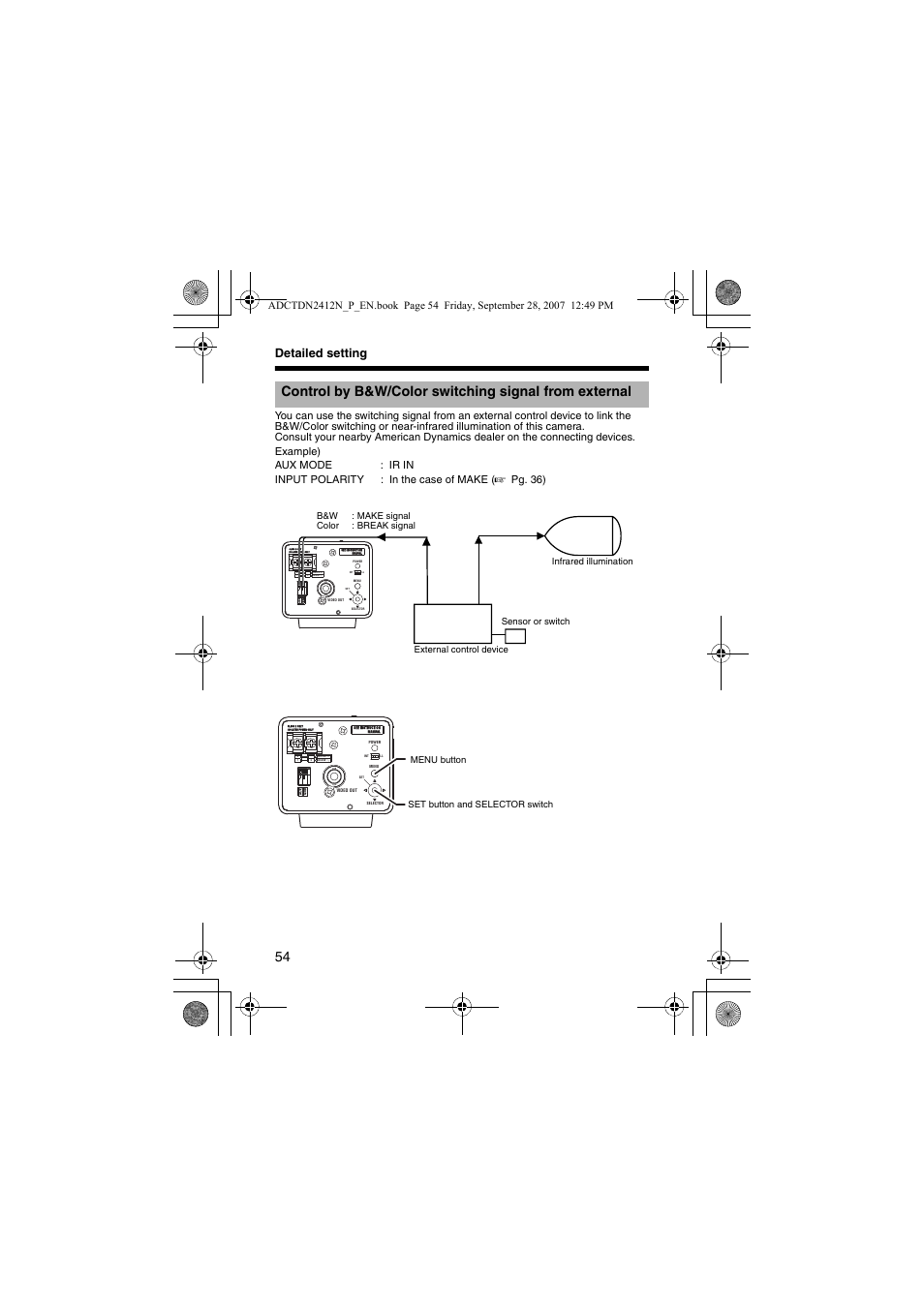 Detailed setting, Menu button set button and selector switch | American Dynamics ADCTDN0230P User Manual | Page 54 / 60