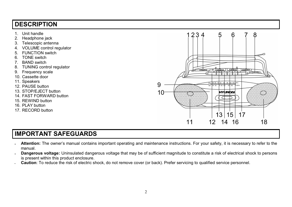 Description, Important safeguards | Hyundai H-1204 User Manual | Page 2 / 13