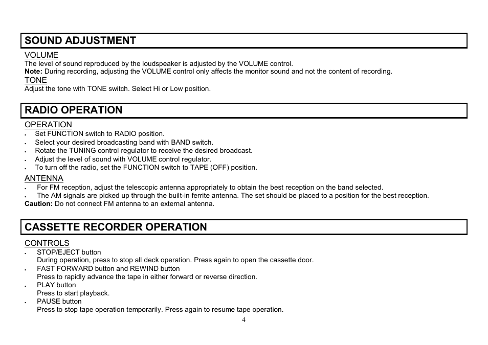 Sound adjustment, Radio operation, Cassette recorder operation | Hyundai H-1204 User Manual | Page 4 / 13