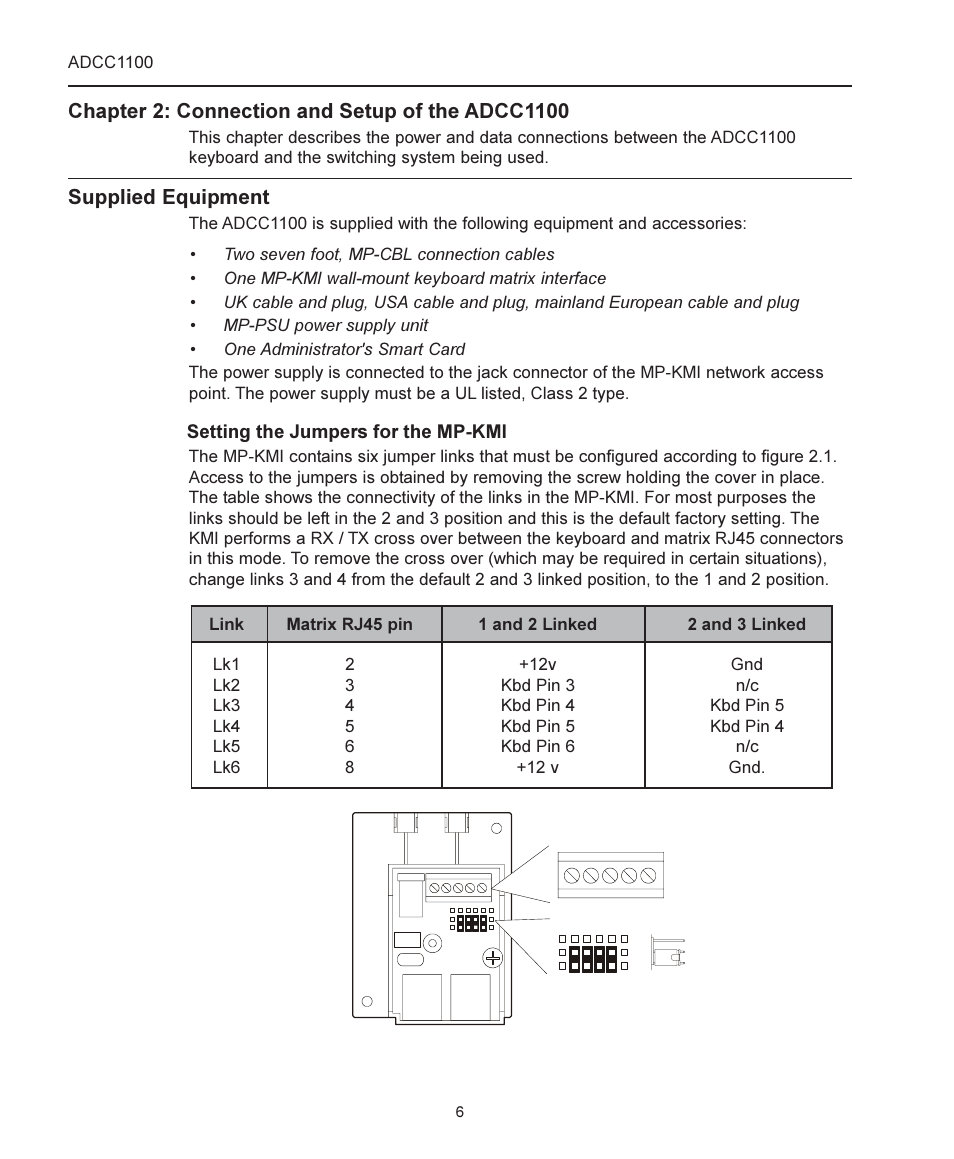 Chapter 2: connection and setup of the adcc1100, Supplied equipment, Setting the jumpers for the mp-kmi | American Dynamics ADCC1100 User Manual | Page 12 / 60