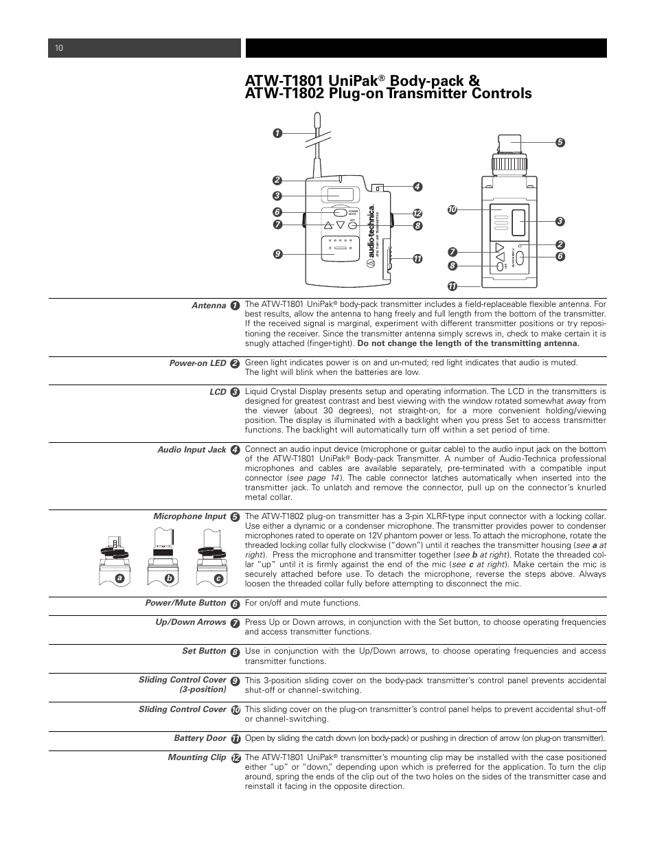 Atw-t, Unipak, Body-pack & atw-t | Plug-on transmitter controls | Audio-Technica ATW-1811 User Manual | Page 10 / 16