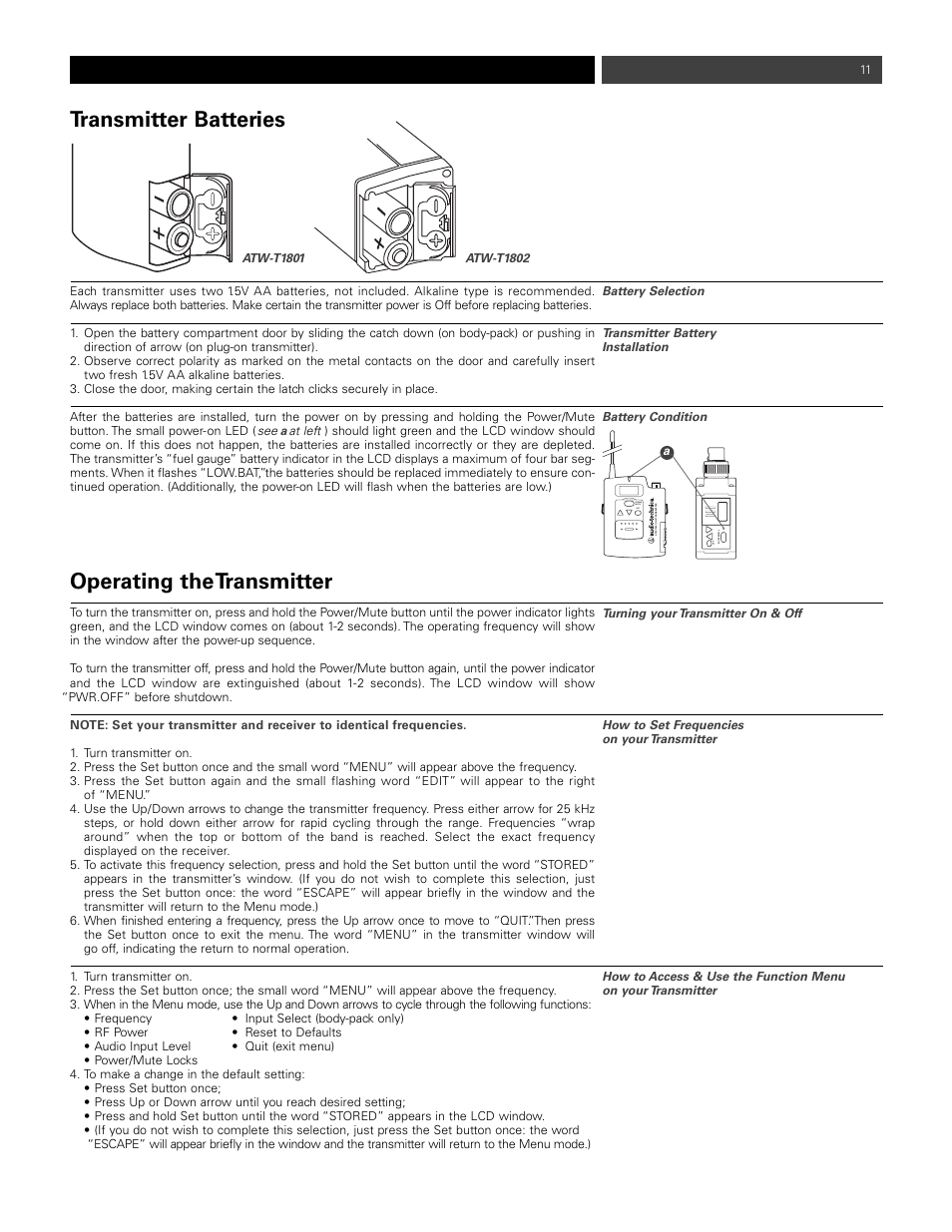 Transmitter batteries, Operating thetransmitter, Power mute set | Audio-Technica ATW-1811 User Manual | Page 11 / 16