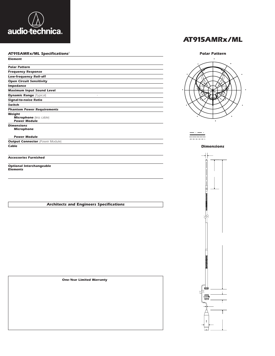 At915amrx /ml, At915amrx/ml specifications, Architects and engineers specifications | Polar pattern, Dimensions | Audio-Technica MICROLINE AT915AMRX/ML User Manual | Page 2 / 2