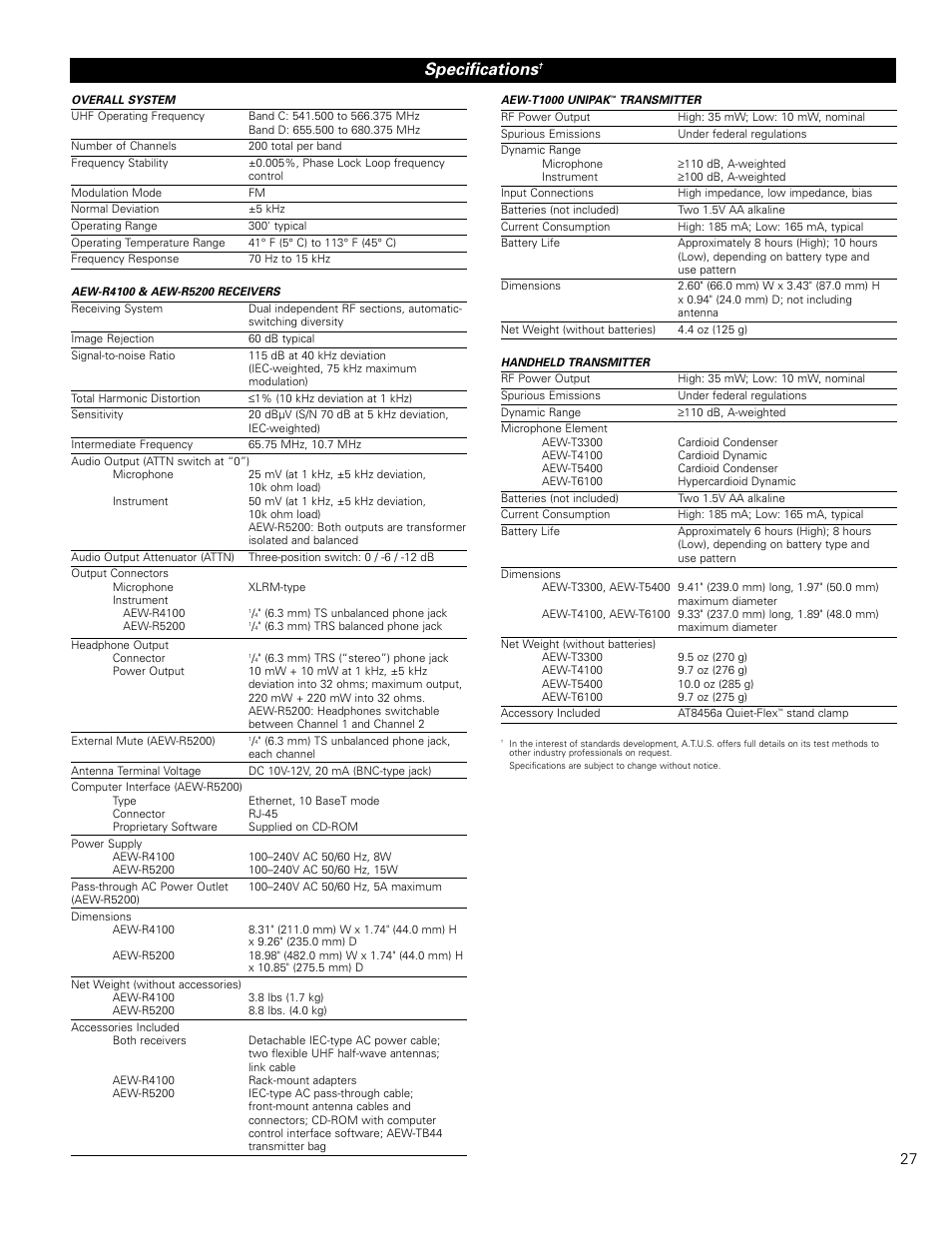 Specifications | Audio-Technica ARTIST ELITE 4000 User Manual | Page 26 / 31
