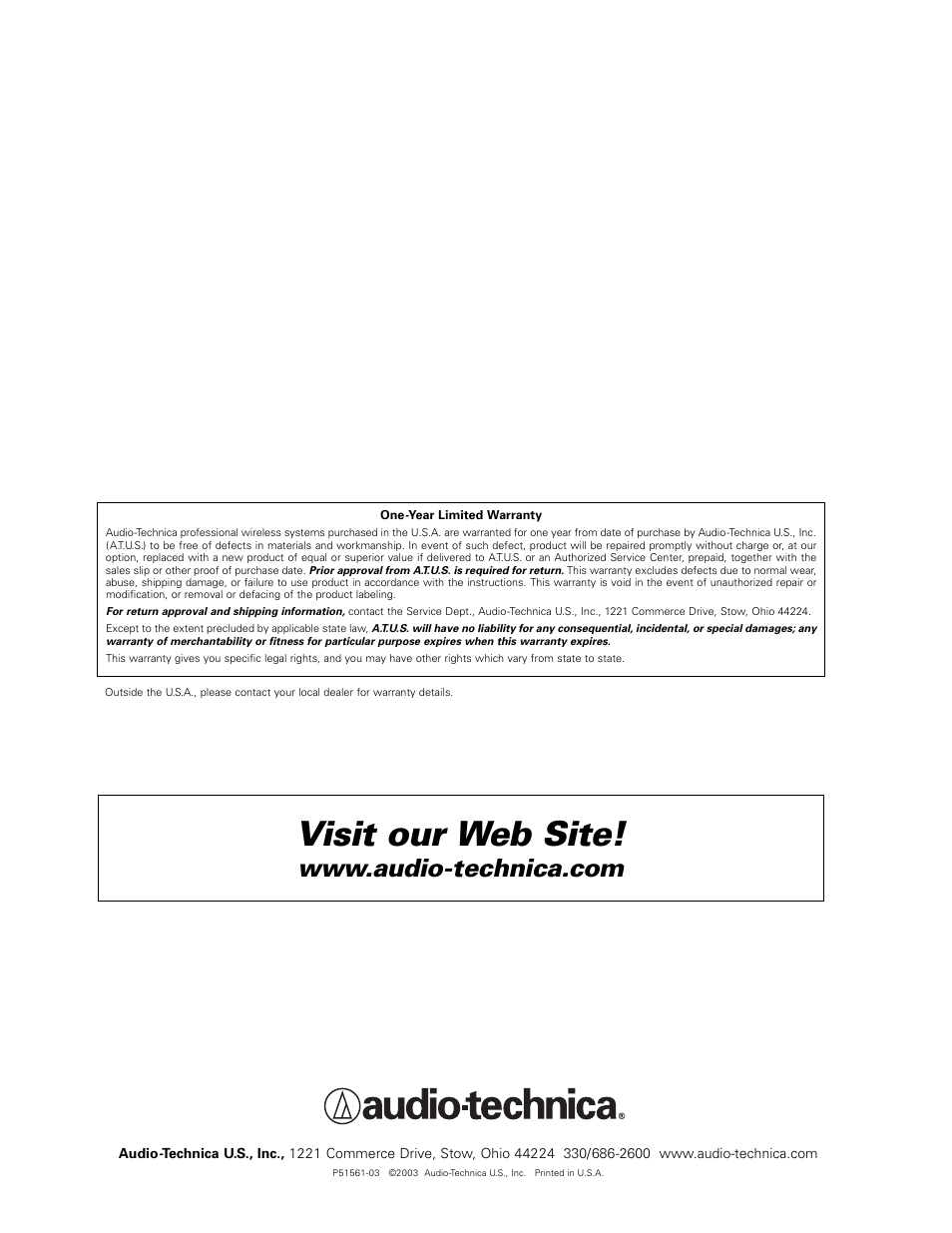 Visit our web site | Audio-Technica ARTIST ELITE 4000 User Manual | Page 31 / 31