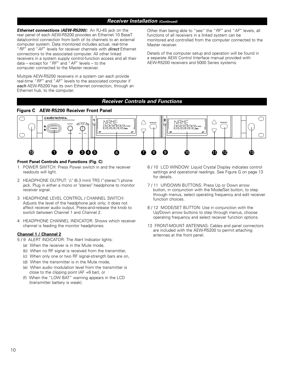 Receiver installation, Receiver controls and functions, Figure c aew-r5200 receiver front panel | Audio-Technica ARTIST ELITE 4000 User Manual | Page 9 / 31