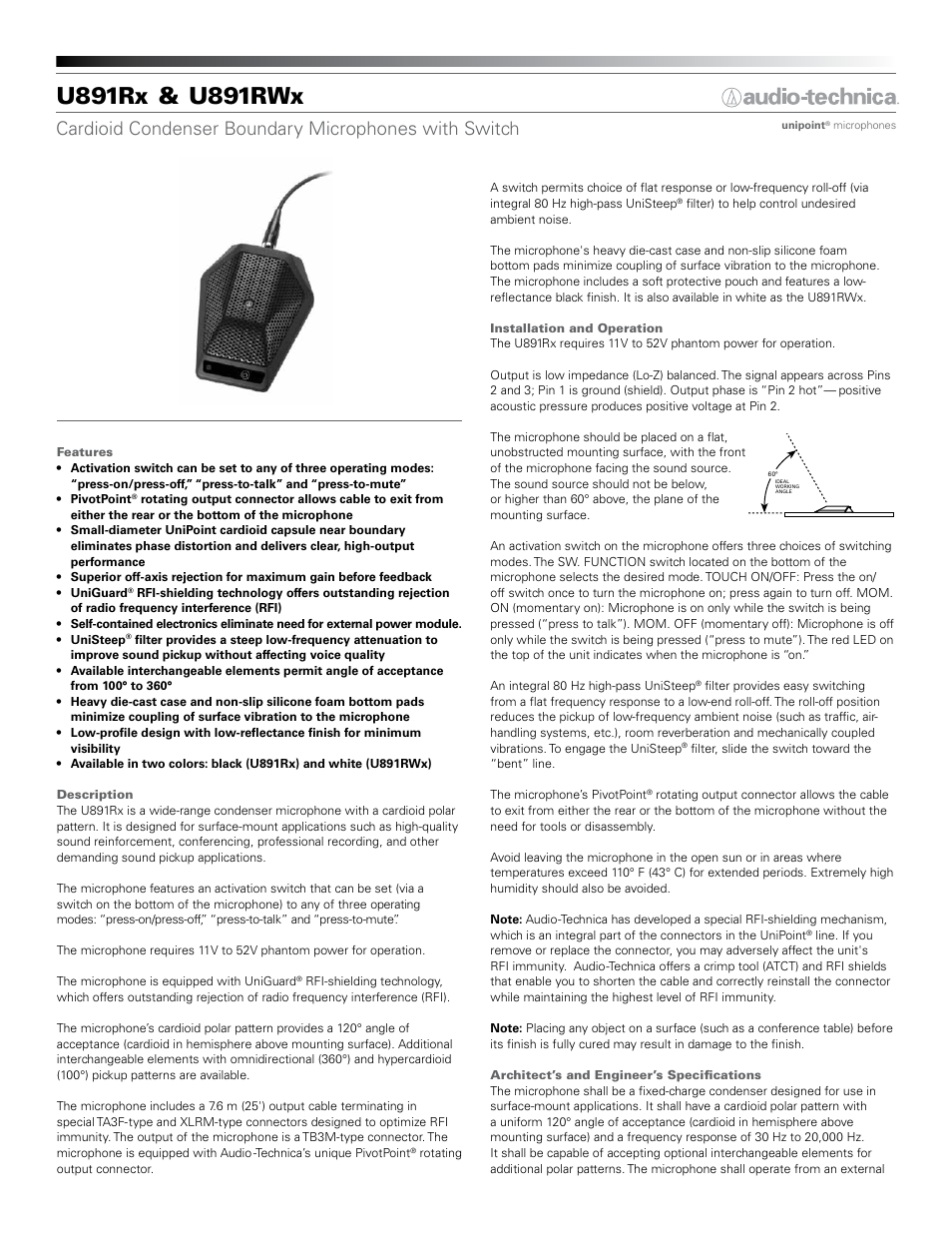 Audio-Technica U891RWX User Manual | 2 pages