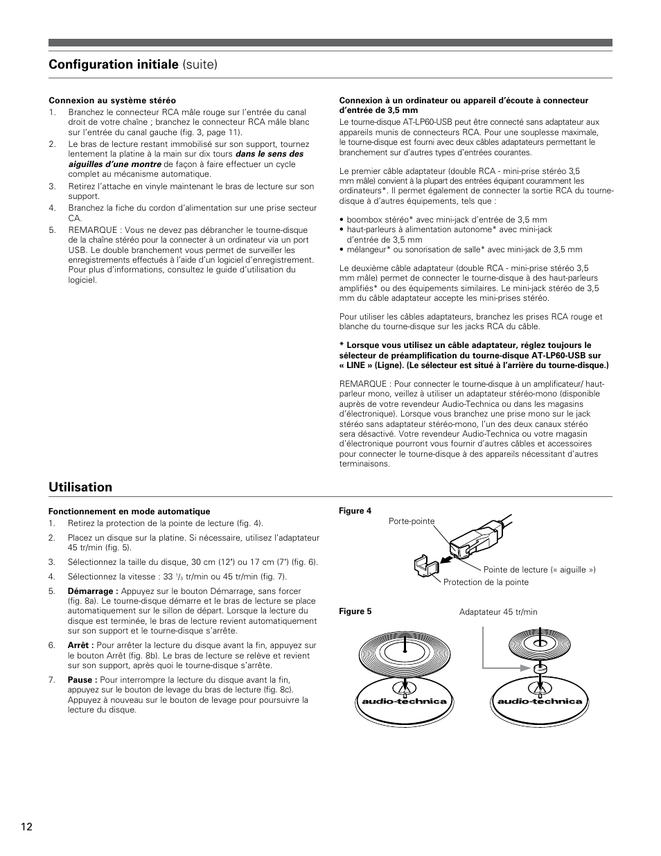 Configuration initiale (suite), Utilisation | Audio-Technica AT-LP60-USB User Manual | Page 12 / 24