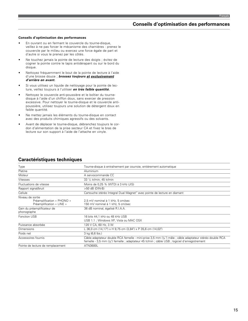 Conseils d’optimisation des performances, Caractéristiques techniques | Audio-Technica AT-LP60-USB User Manual | Page 15 / 24