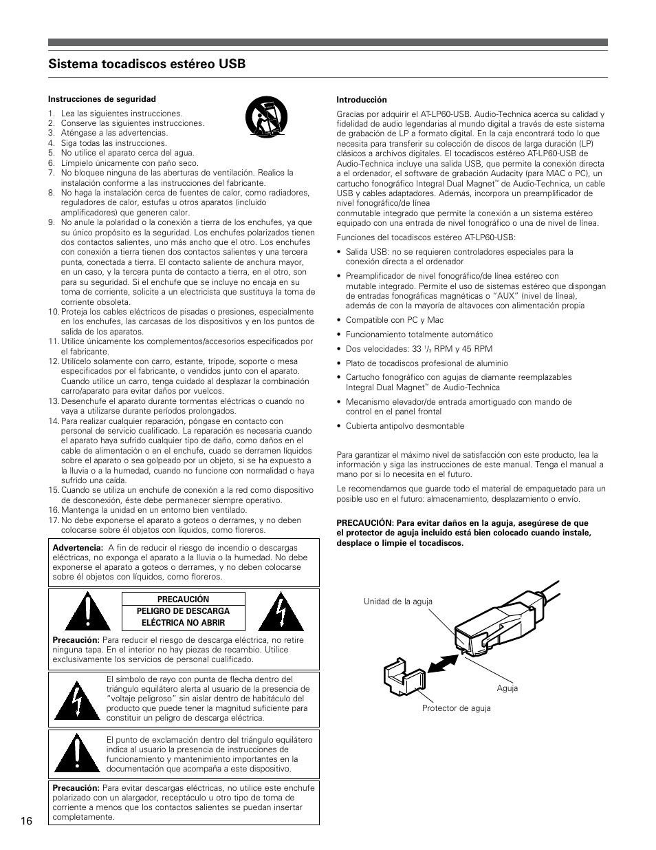 Sistema tocadiscos estéreo usb | Audio-Technica AT-LP60-USB User Manual | Page 16 / 24