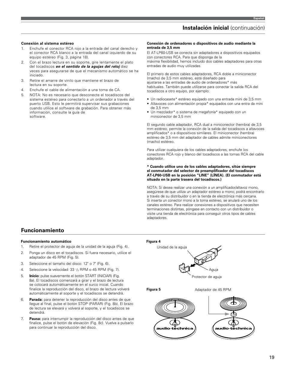 Instalación inicial (continuación), Funcionamiento | Audio-Technica AT-LP60-USB User Manual | Page 19 / 24