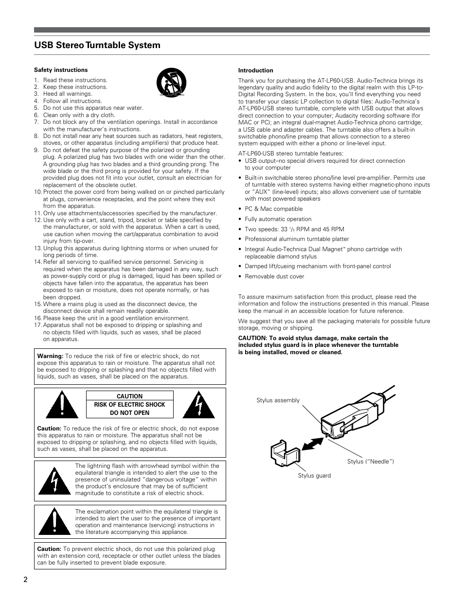 Usb stereo turntable system | Audio-Technica AT-LP60-USB User Manual | Page 2 / 24