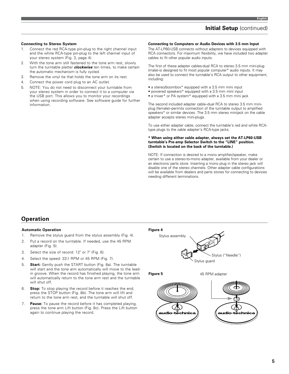 Initial setup (continued), Operation | Audio-Technica AT-LP60-USB User Manual | Page 5 / 24