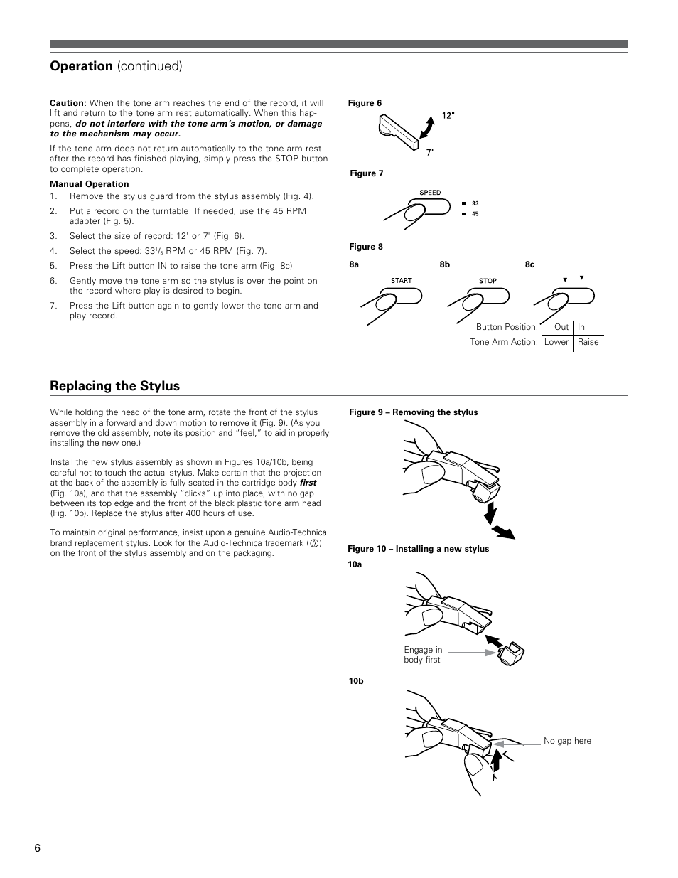 Operation (continued), Replacing the stylus | Audio-Technica AT-LP60-USB User Manual | Page 6 / 24