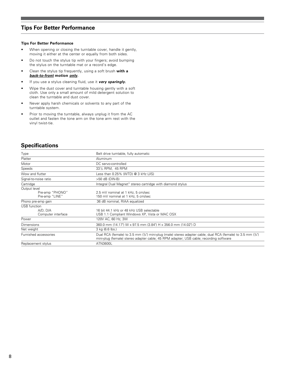 Tips for better performance, Specifications | Audio-Technica AT-LP60-USB User Manual | Page 8 / 24