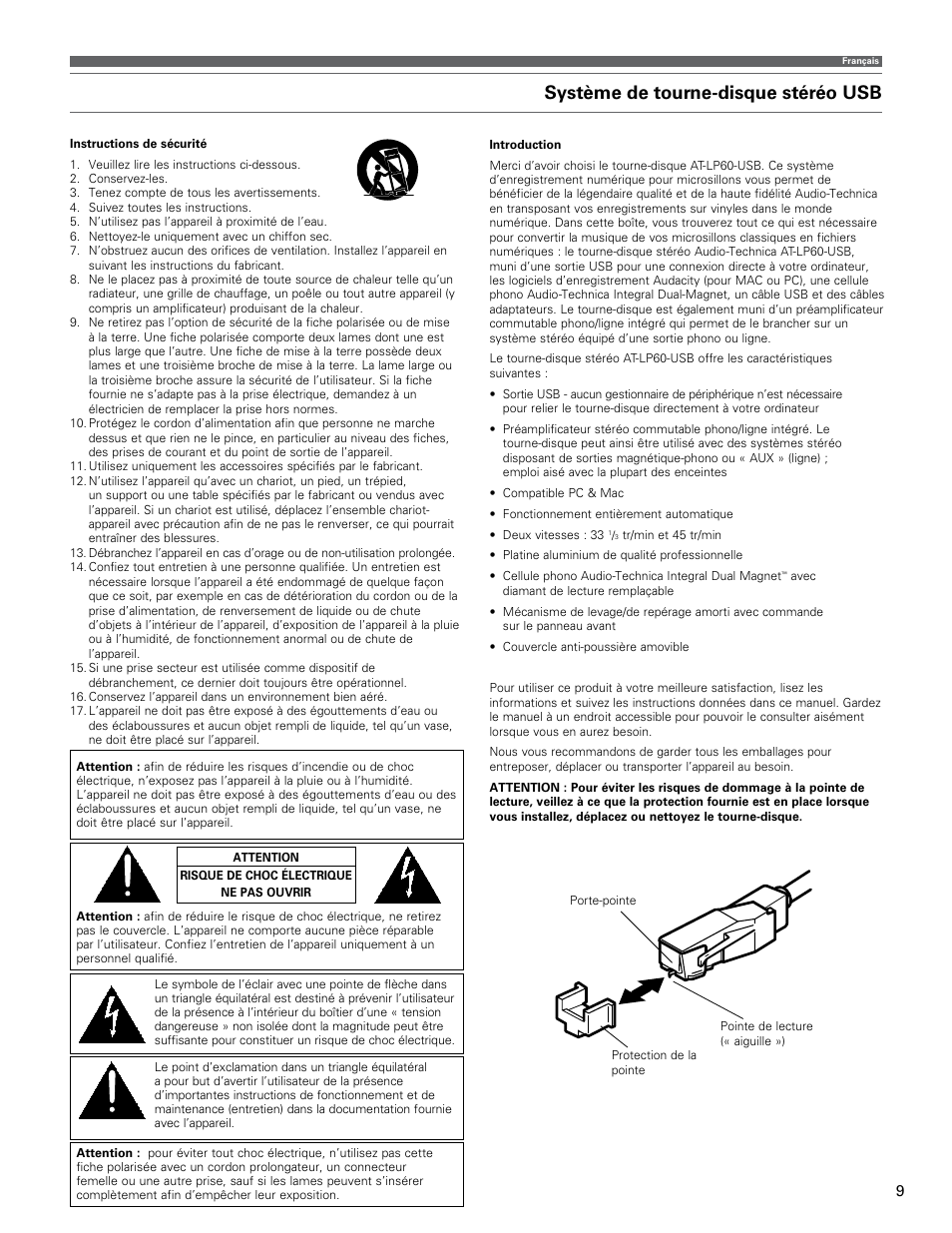 Système de tourne-disque stéréo usb | Audio-Technica AT-LP60-USB User Manual | Page 9 / 24