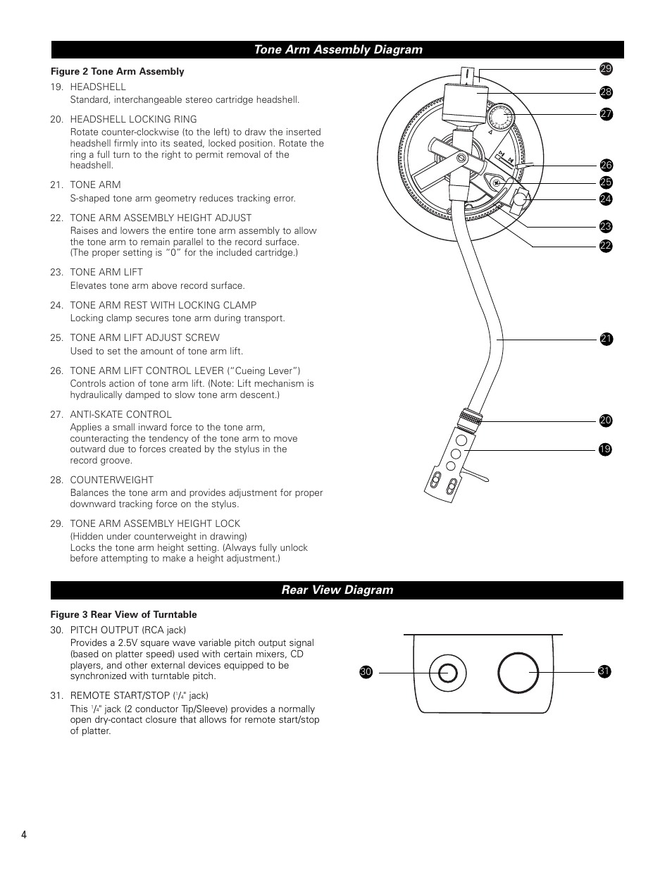 Tone arm assembly diagram, Rear view diagram | Audio-Technica AT-PL120 User Manual | Page 4 / 11