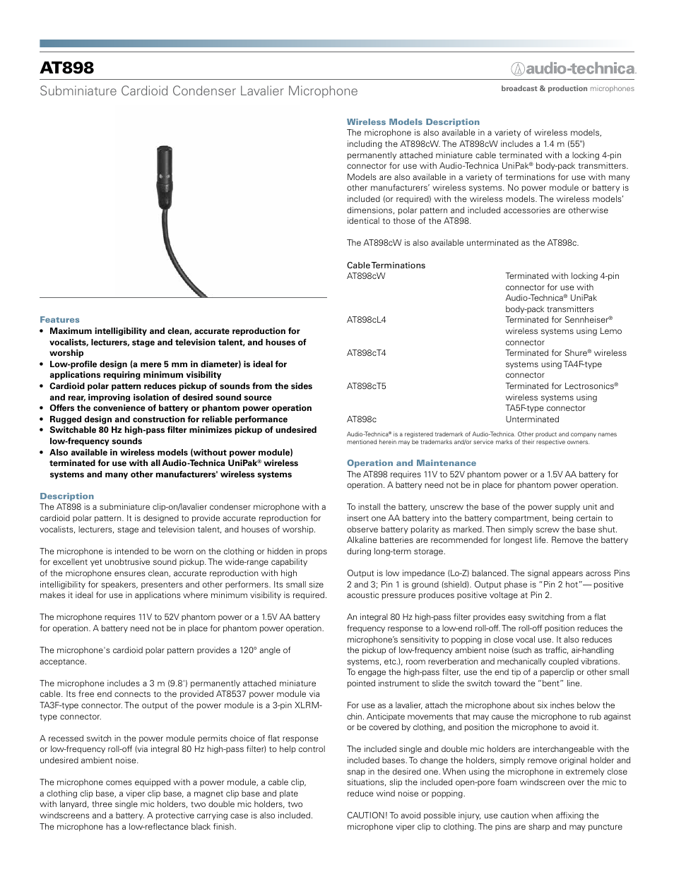 Audio-Technica AT898 User Manual | 2 pages