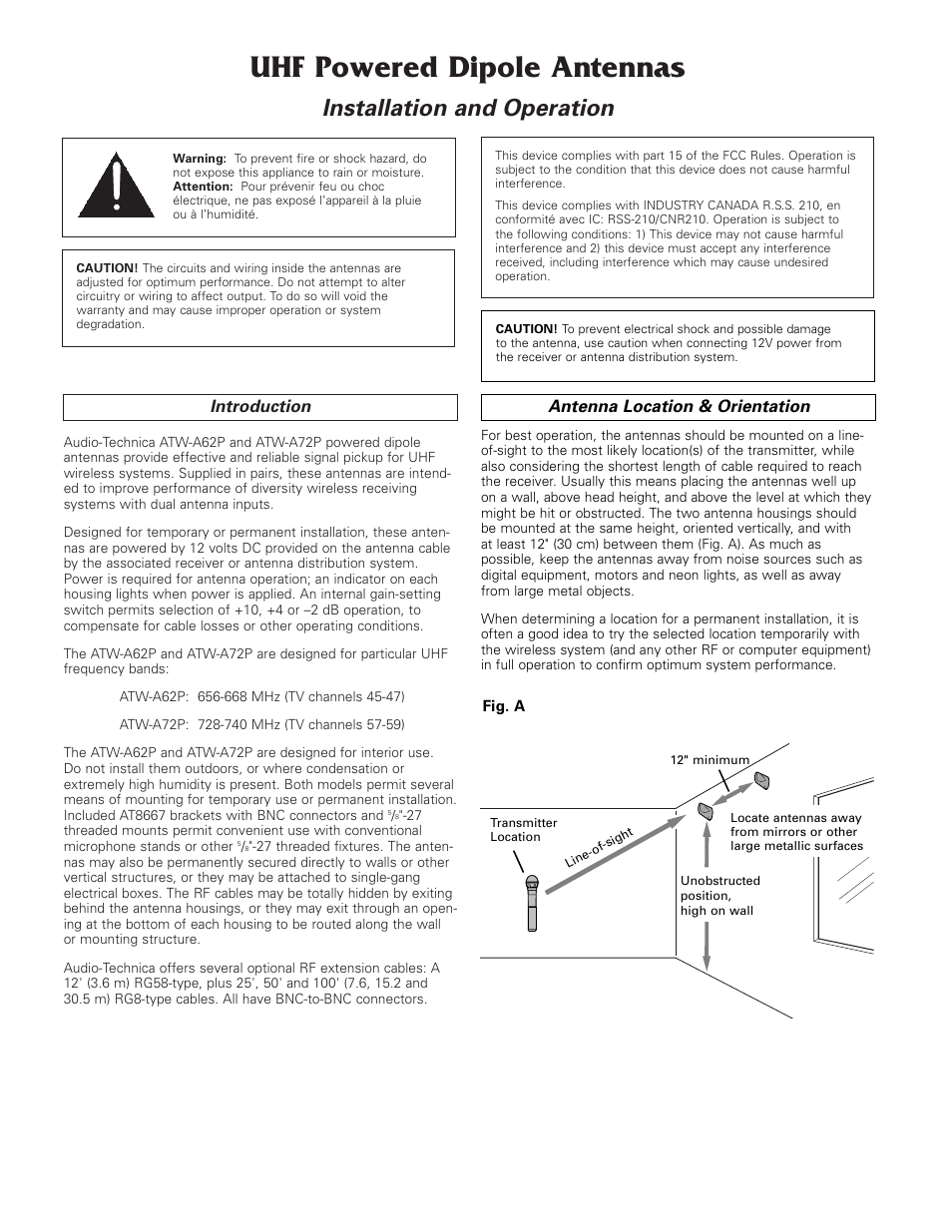 Uhf powered dipole antennas, Installation and operation | Audio-Technica ATW-A62P User Manual | Page 2 / 4