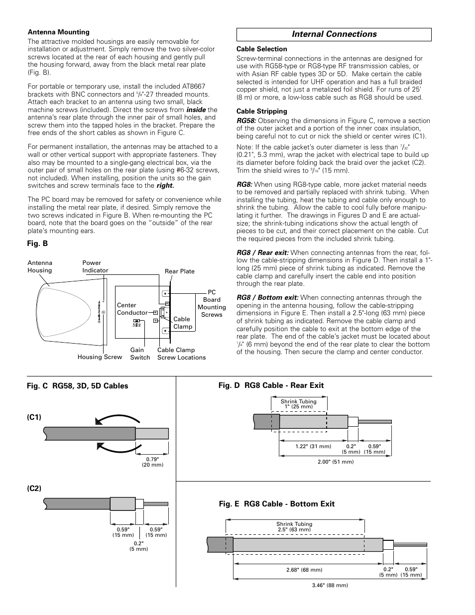 Internal connections, Fig. b fig. c rg58, 3d, 5d cables, Fig. d rg8 cable - rear exit | Fig. e rg8 cable - bottom exit, C1) (c2) | Audio-Technica ATW-A62P User Manual | Page 3 / 4