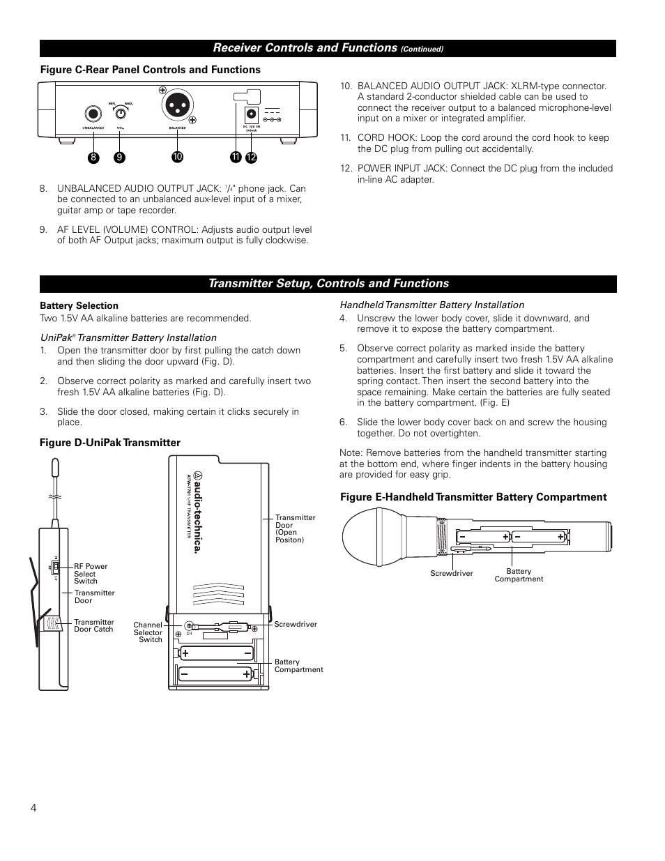 Receiver controls and functions, Transmitter setup, controls and functions | Audio-Technica FREEWAY ATW-701/H User Manual | Page 4 / 8