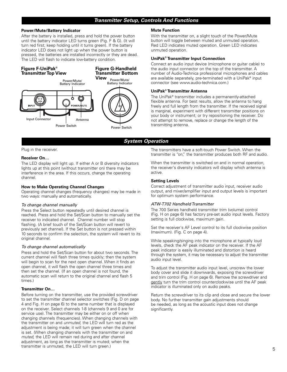 Transmitter setup, controls and functions, System operation | Audio-Technica FREEWAY ATW-701/H User Manual | Page 5 / 8