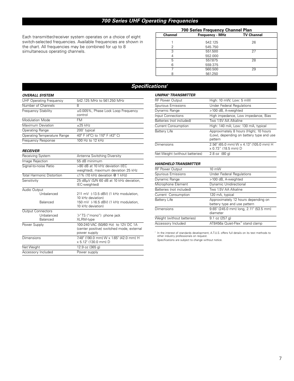 Specifications, 700 series uhf operating frequencies | Audio-Technica FREEWAY ATW-701/H User Manual | Page 7 / 8