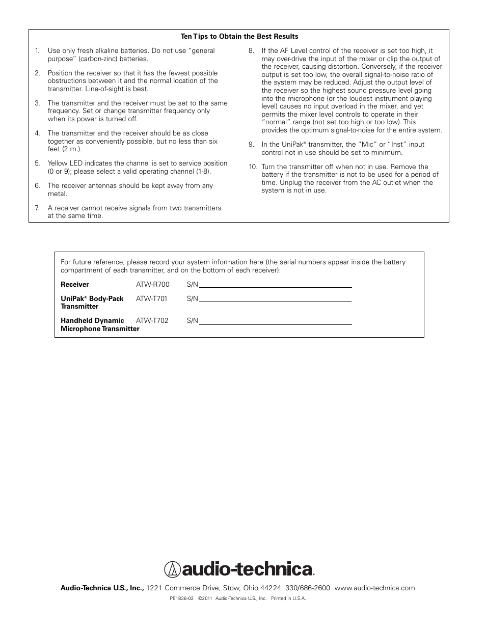 Audio-Technica FREEWAY ATW-701/H User Manual | Page 8 / 8