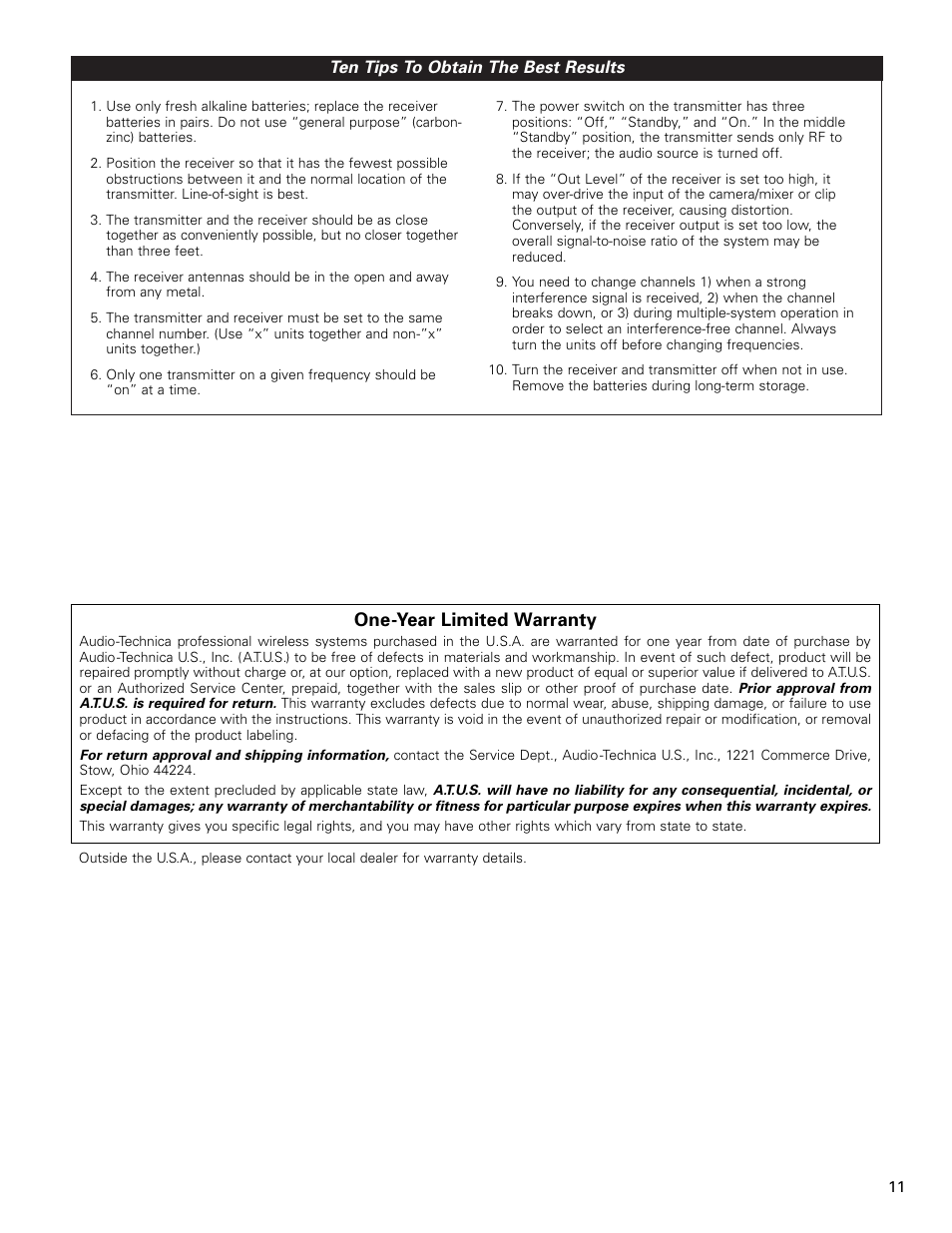 One-year limited warranty | Audio-Technica ATW-U102 User Manual | Page 11 / 12