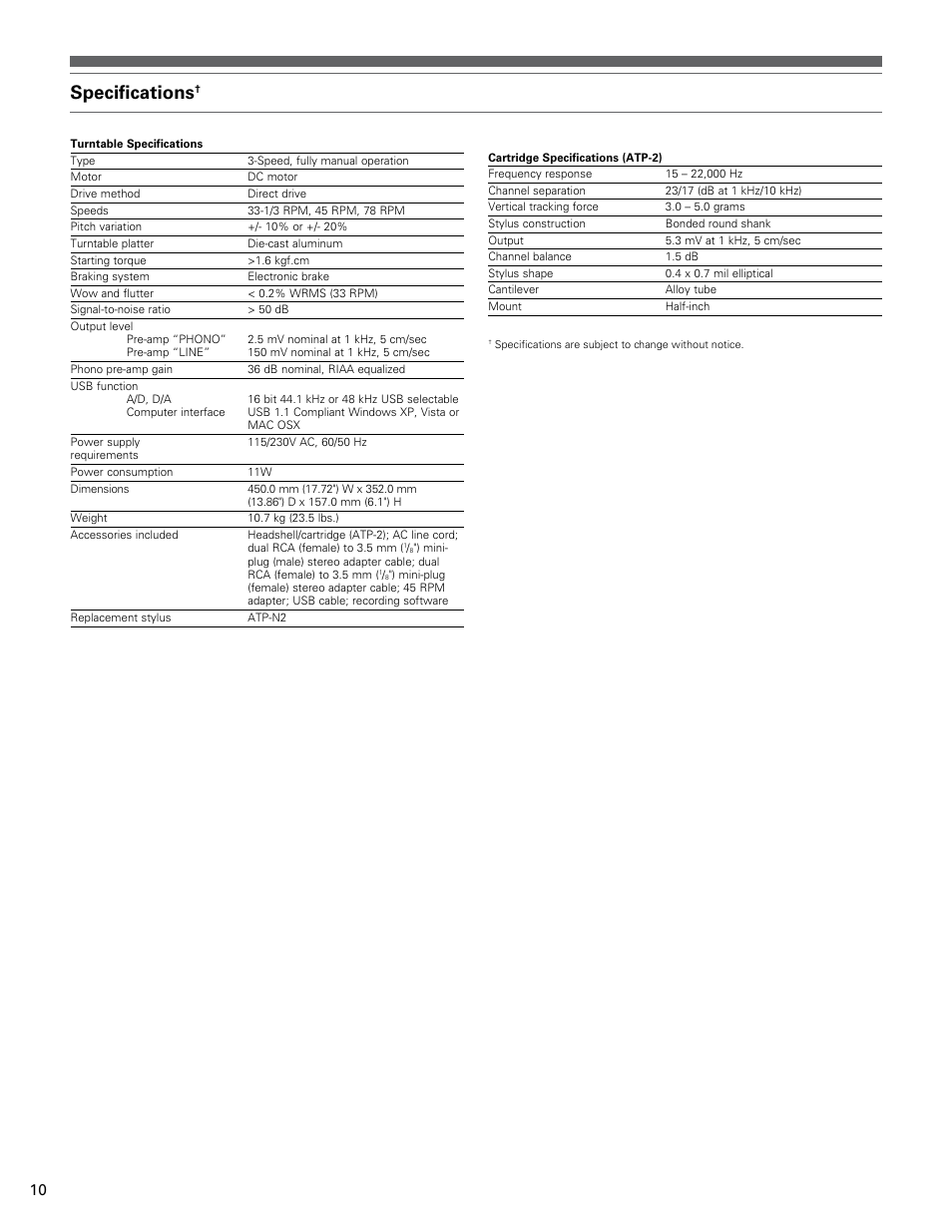 Specifications | Audio-Technica AT-LP120-USB User Manual | Page 10 / 32