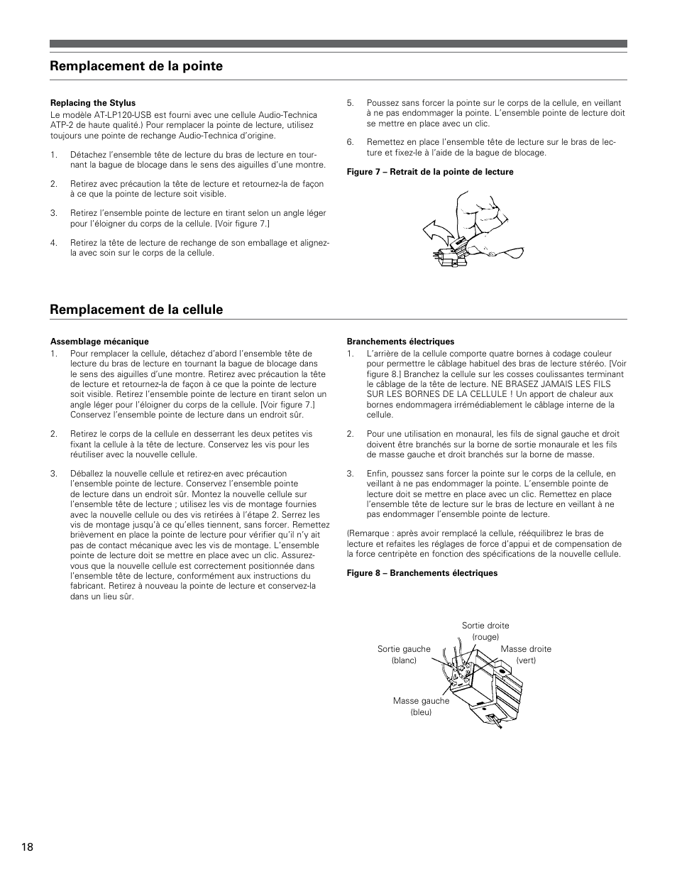 Remplacement de la pointe, Remplacement de la cellule | Audio-Technica AT-LP120-USB User Manual | Page 18 / 32