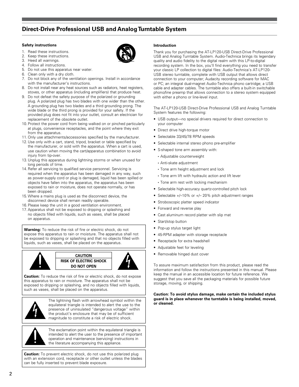 Audio-Technica AT-LP120-USB User Manual | Page 2 / 32